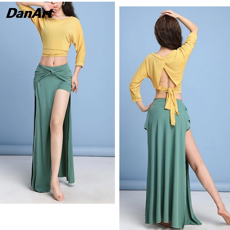 

Женский облегающий костюм для восточных танцев, длинная юбка с разрезом, 2 шт.