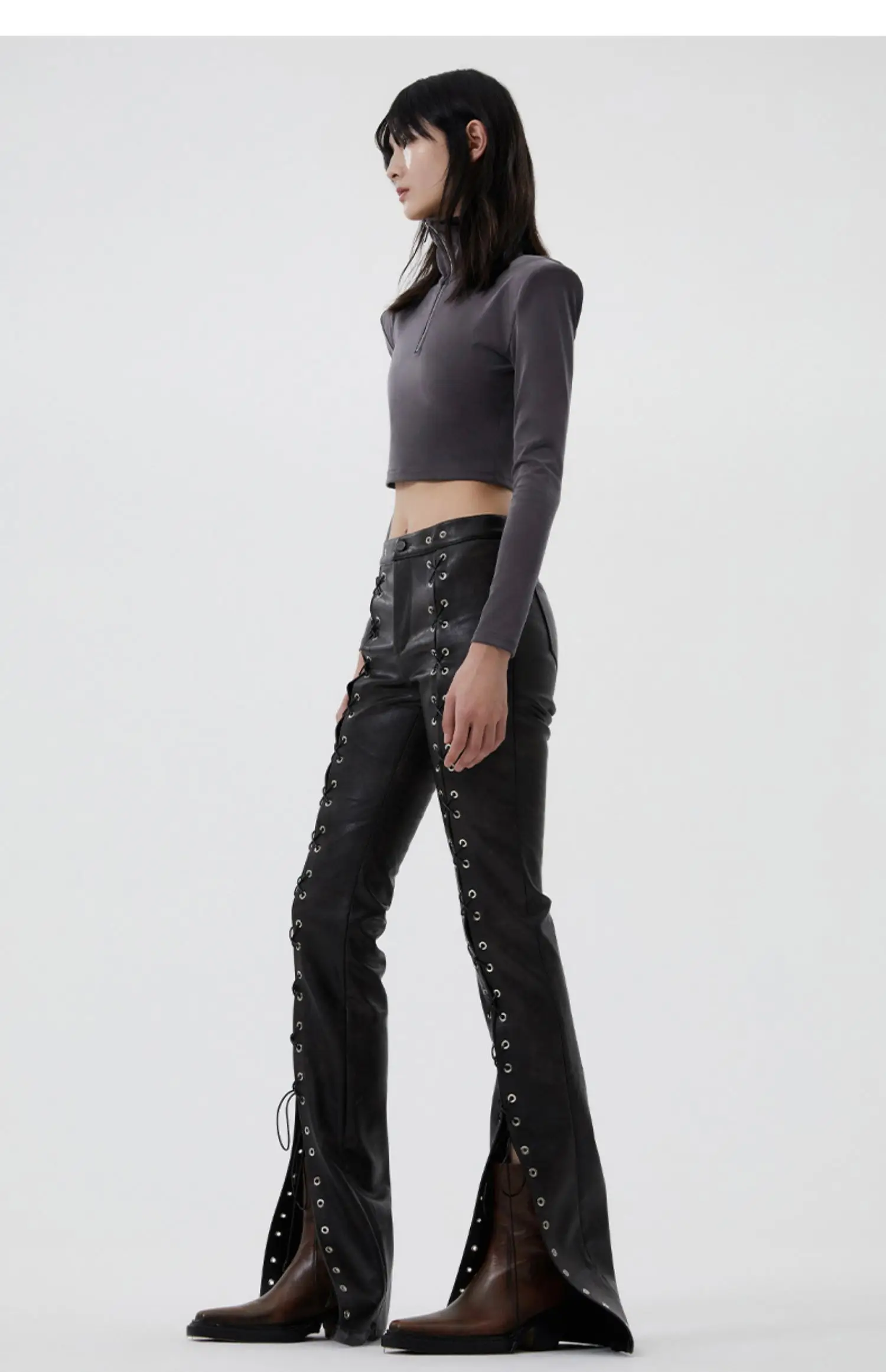 27-46 Men Women GD Punk Niche Performance Tie PU Micro Flare Leather Pants Lovers Trousers Plus Size Singer Costumes