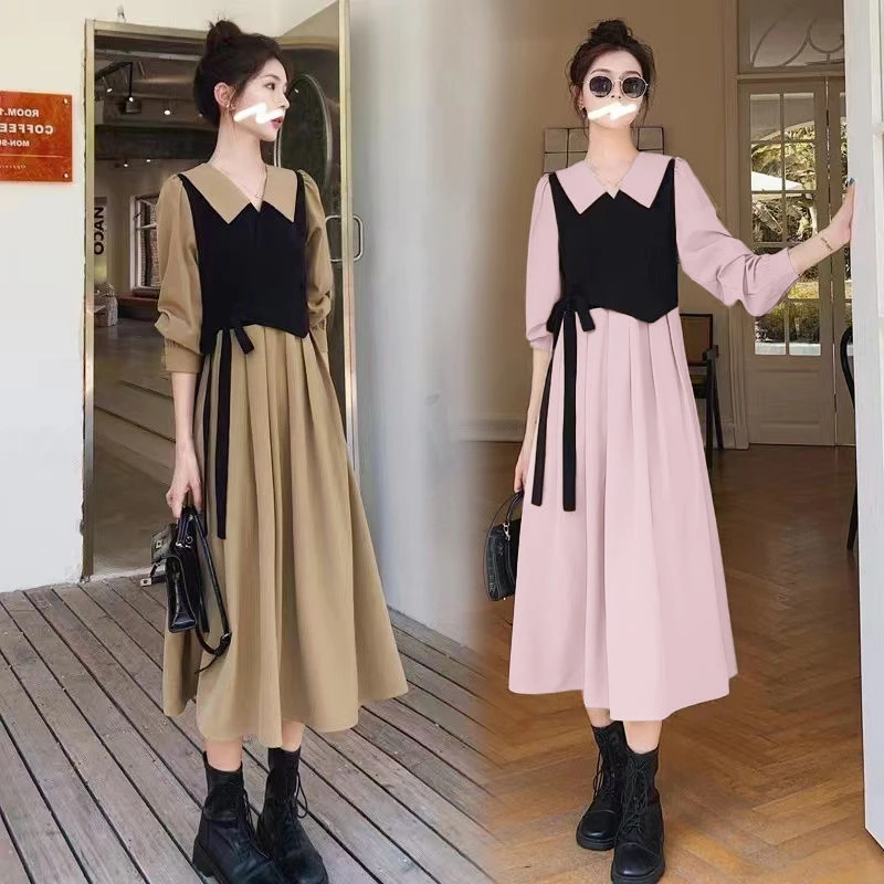 שמלת שרוולים ארוכים בסגנון הפבורן אלגנטית אביב סתיו הפסקת תה לנשים שמלה חדשה בשני חלקים שמלה ארוכה וינטג' להרזיה