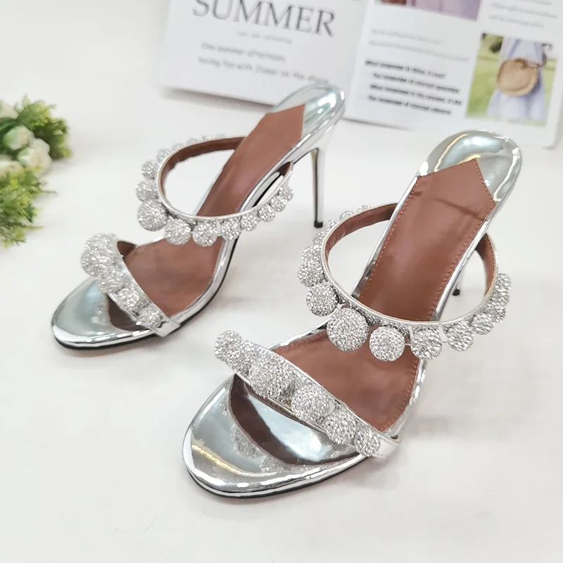 

Rhinestone Patent Leather Sandals Silver Glossy Slippers Thin Heel Large Size Custom Women Shoes Sandalias Mujer Verano