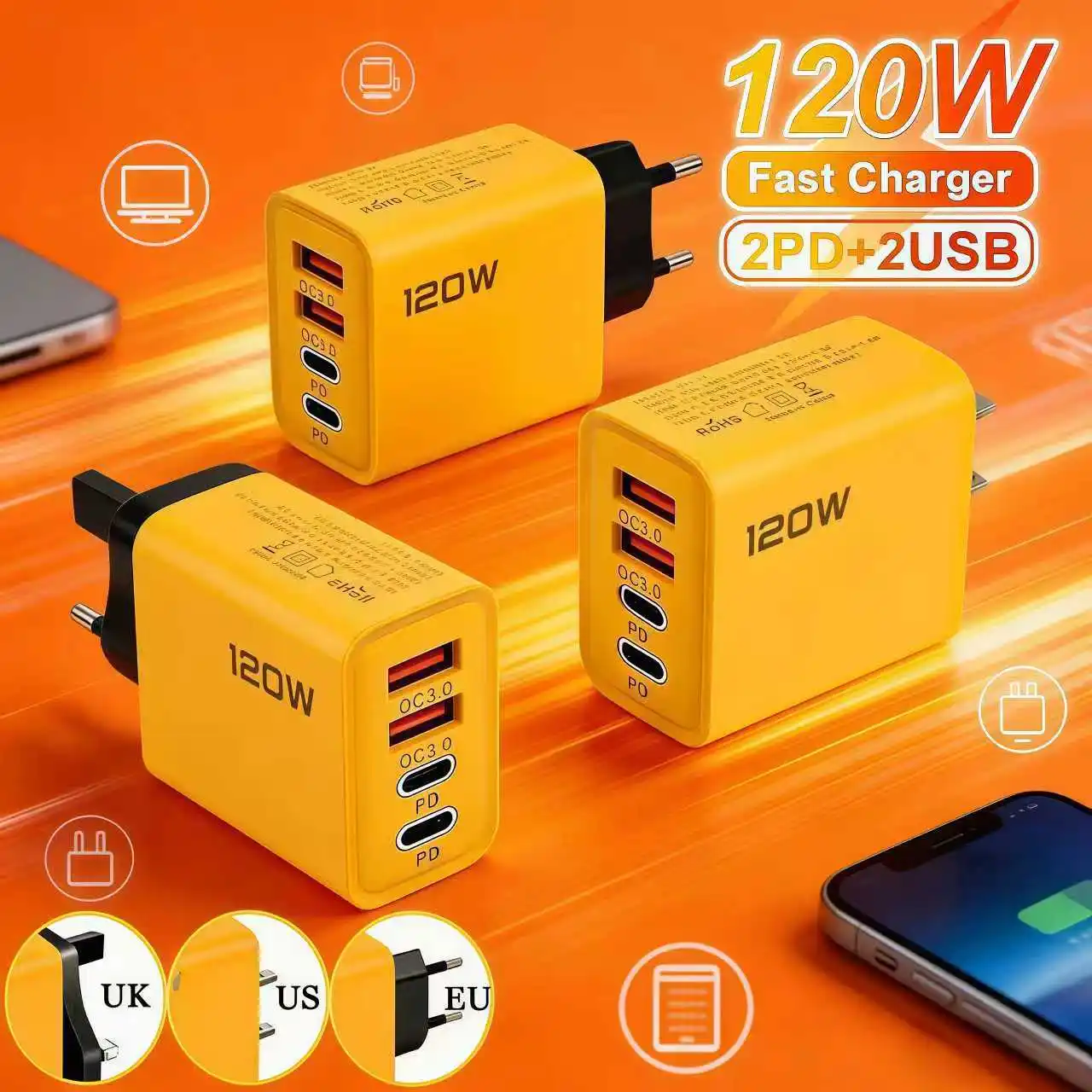 Carregador usb c pd de 4 portas, carregamento rápido 3.0 typec usb, adaptador de carregamento rápido adequado para iphone15 16 xiaomi