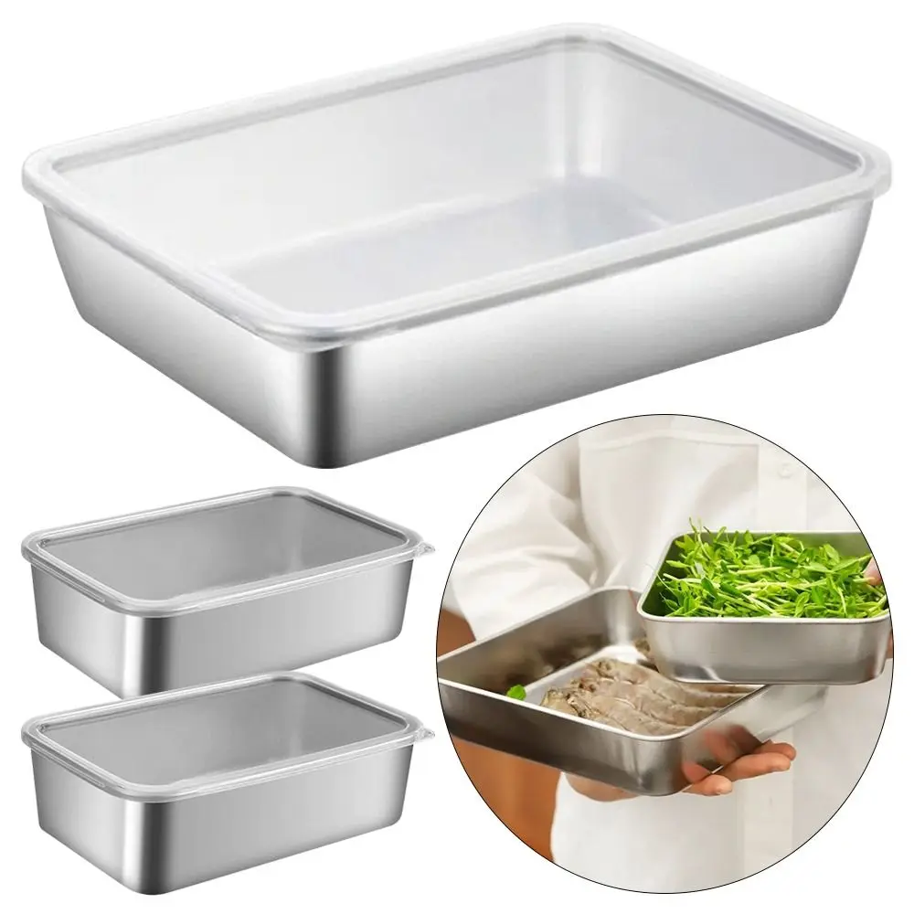 1Pcs Stainless Steel Crisper Box Rectangular Refrigerator Frozen Sorting Storage Box with Lid S/M/L Food Organizer Kitchen