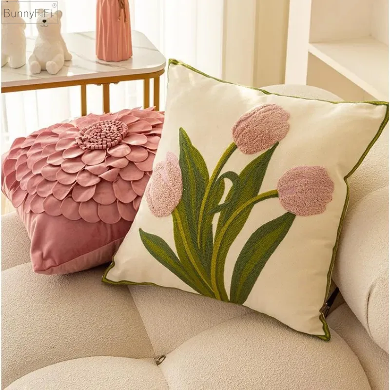 

Embroidery Flower Cushion Cover Pink Yellow Lavender Tulip Pillow Cover 45x45cm/ 30x50cm Home Decoration Sofa Pillowcase
