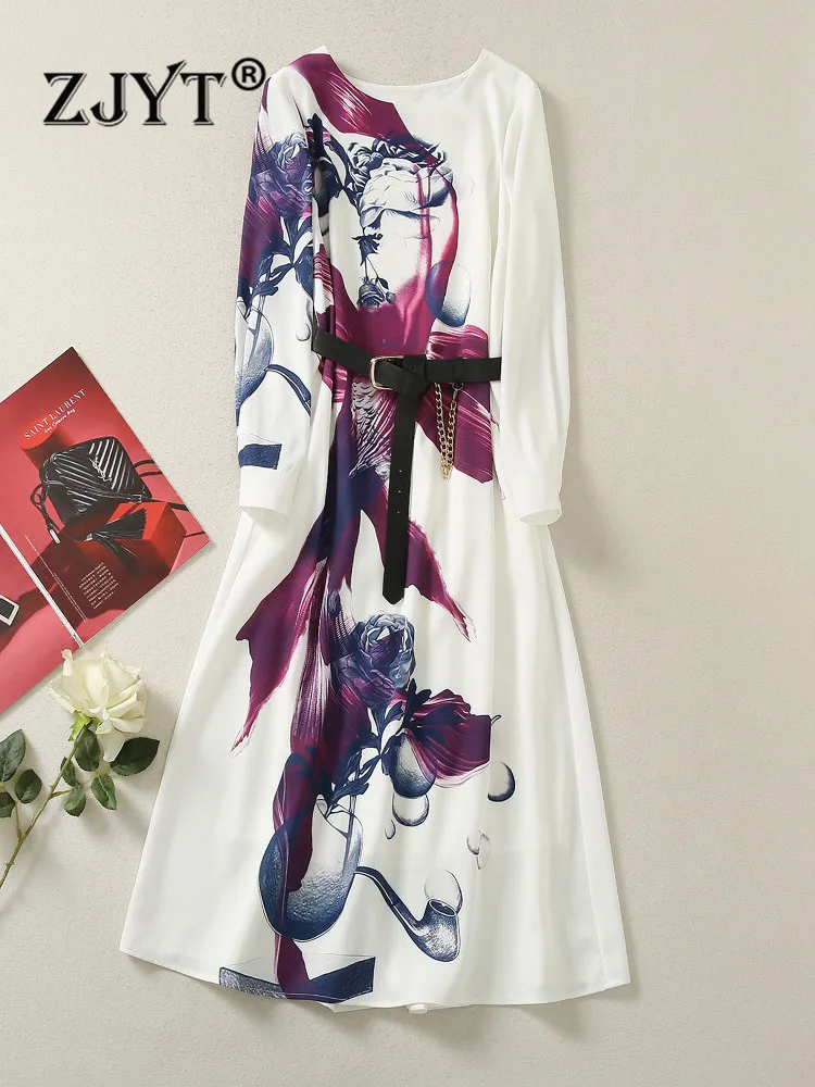 

ZJYT Fashion Runway Abstract Print Autumn Dress Long Sleeve Women Elegant Midi Vintage Vestidos Casual White Aline Robe Femme