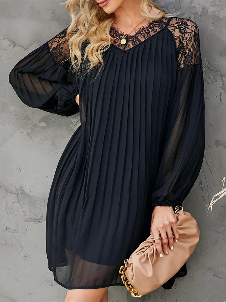 

Mandylandy женское элегантное кружевное лоскутное плиссированное платье модное женское Y2K Ins свободное мини-платье с длинным рукавом и V-образным вырезом уличная одежда