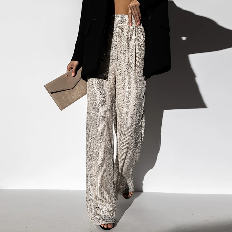 

2024 Spring Glitter Sequin Shiny Party Pants Women Elegant High Waist Pocket Straight Trousers Summer Wide Leg Slim Sweatpants