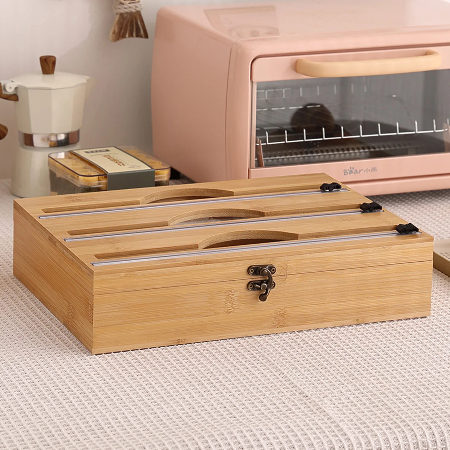 3 In 1 Bamboo Wrap Dispenser Storage Dispenser For Aluminum Foil With Cutter Cling Film Holder