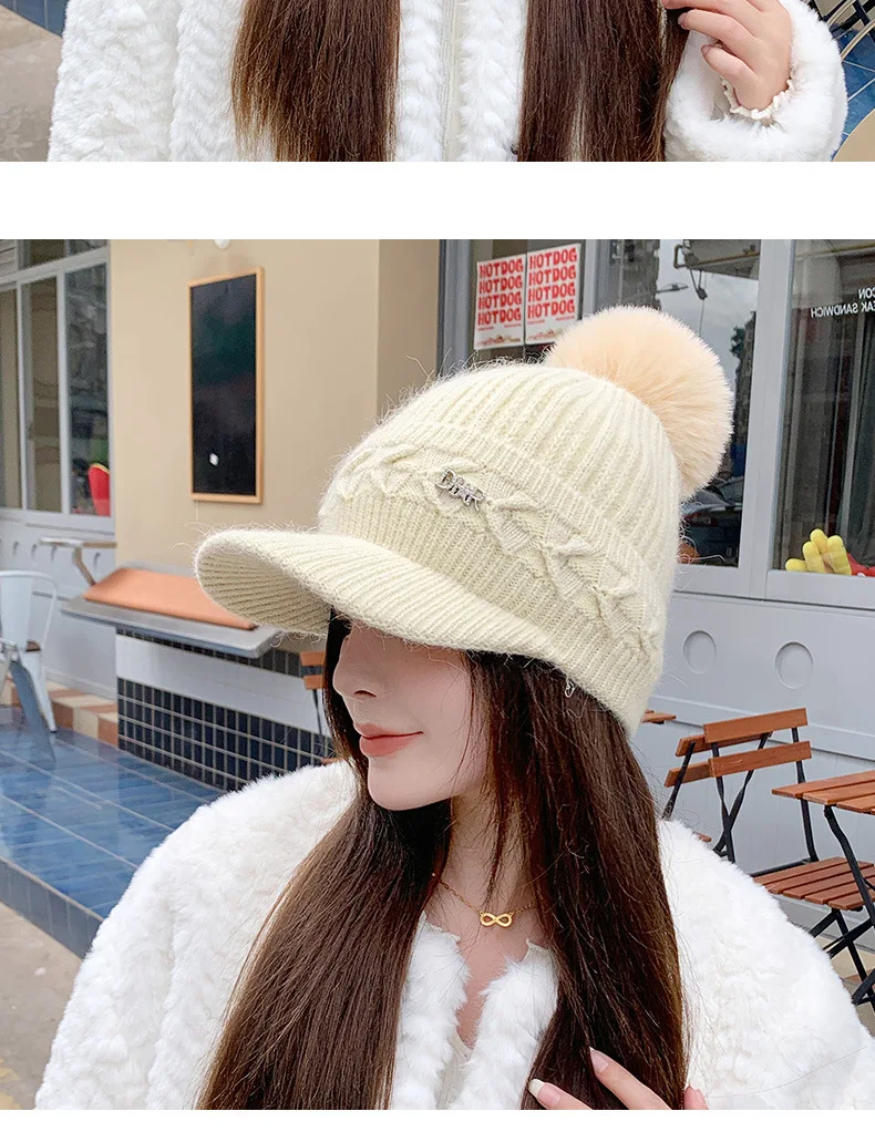 Chapeau tricoté chaud à la mode pour femmes, avec oreillettes, langue de canard, bonnet d'extérieur épais et rembourré en coton, hiver 2023_voghion.com