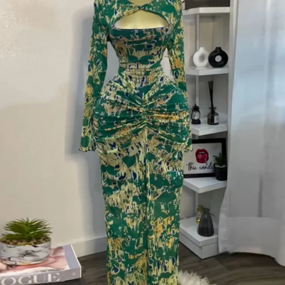 Wmstar Dresses Women  Wholesale  New Sweet and Floral Printed Hollowed Out Neckl Long Sleeved High Waisted Elegant Party Dress