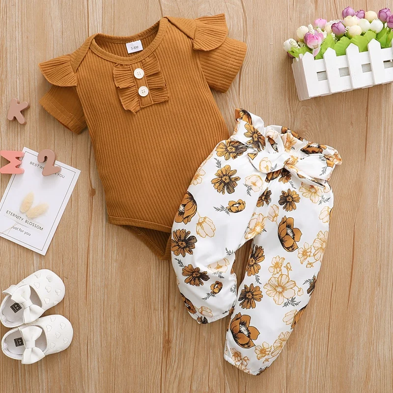 hibobi Baby Girls Bodysuit Infant Girls Clothes Set 2Pcs Floral Print Ruffle Romper & Floral Print Pants Short Sleeve Romper sun baby clothing set