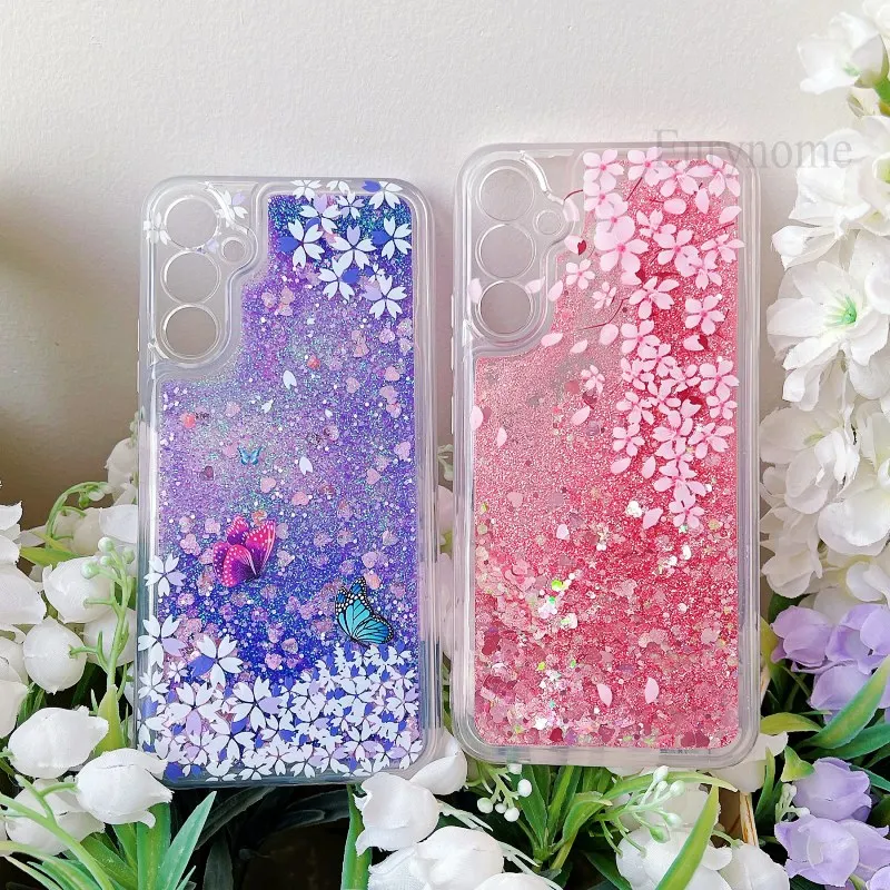 Liquid Glitter Case For Samsung Galaxy A17 A16 A56 A35 A55 A15 A25 A54 A34 A36 Pink Bling Quicksand Flower Butterfly Clear Cover — view 3