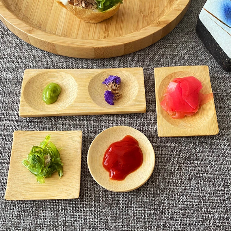 

20Pcs Bamboo Snack Plate Round Square Wooden Dessert Dinner Breads Fruits Food Display Dishes Trays Natural Tableware for Sauce