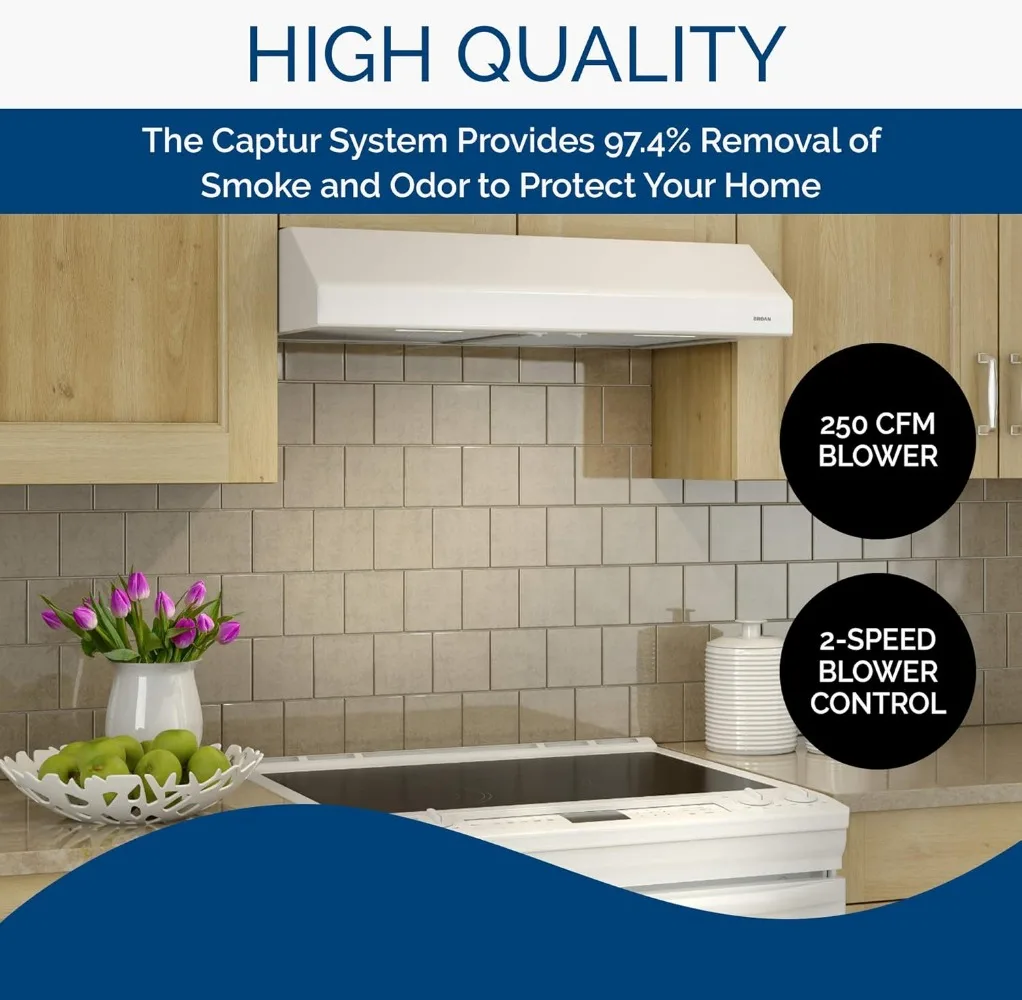 Broan-NuTone Energy Star Certified Ligh Glacier 30in Under-Cabinet 4-Way Convertible Range Hood W/ 2-Speed Exhaust Fan and Light 3