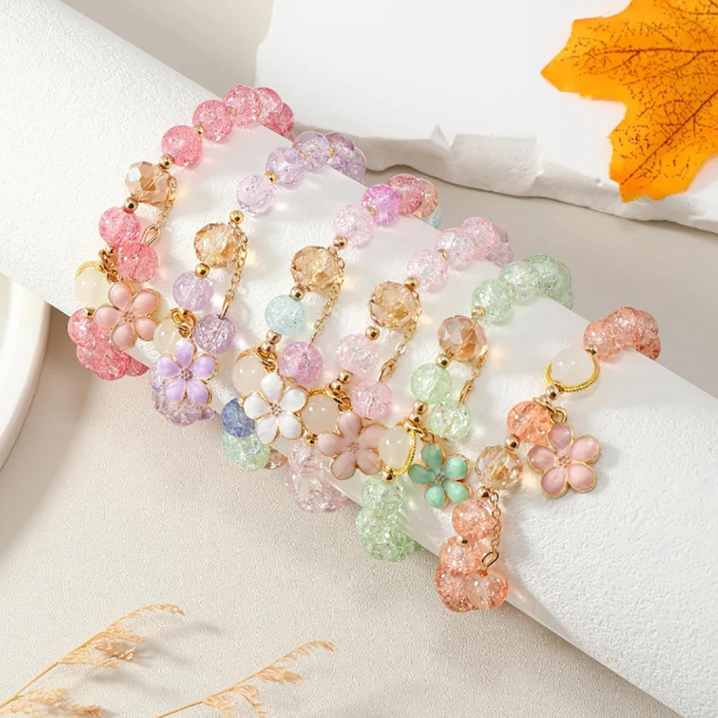 6pcs/set Colorful Popcorn Crystal Beaded Women Bracelet Daisy Flower Butterfly Pendant Valentine's Day Gifts