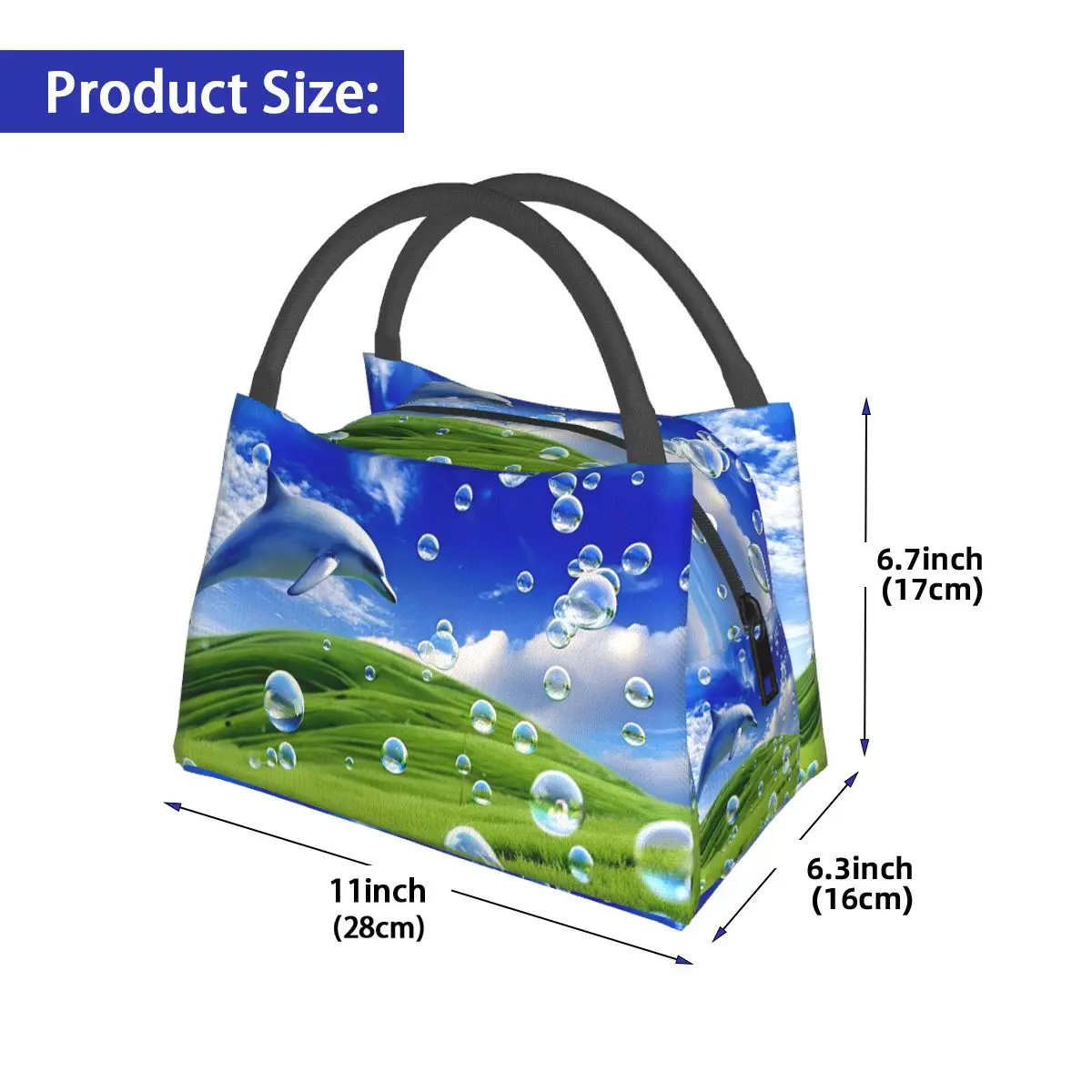 Frutiger Aero Dolphin Aesthetic Meadow With Bubbles And Mountains And Sky 도시락 가방 컨테이너 쿨러 보온 도시락 가방 토트백