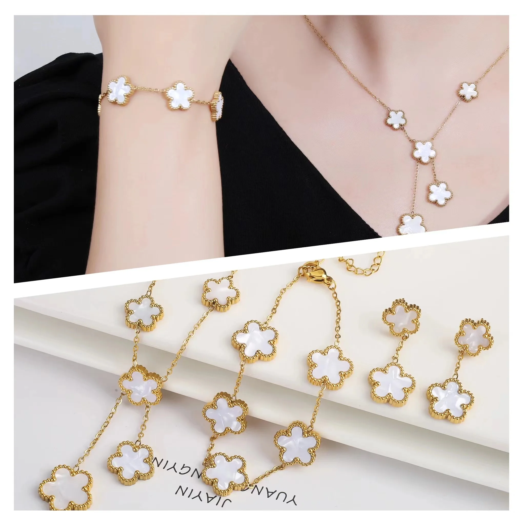 Popular clover clover stainless steel bracelet necklace earrings jewelry set luxury ladies high quality party jewelry gifts