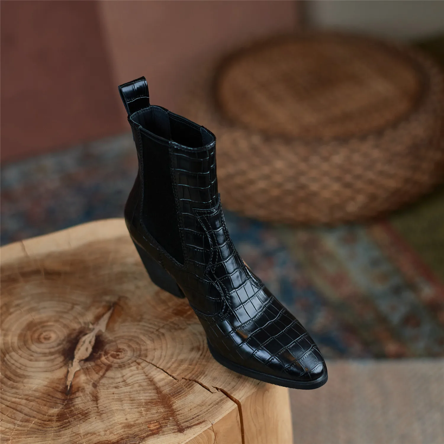 Cowboy Ankle Boots for Women Luxury Cow Split Genuine Leather Block High Heel Elastic Band Short Booties Goth Brown Black Shoes