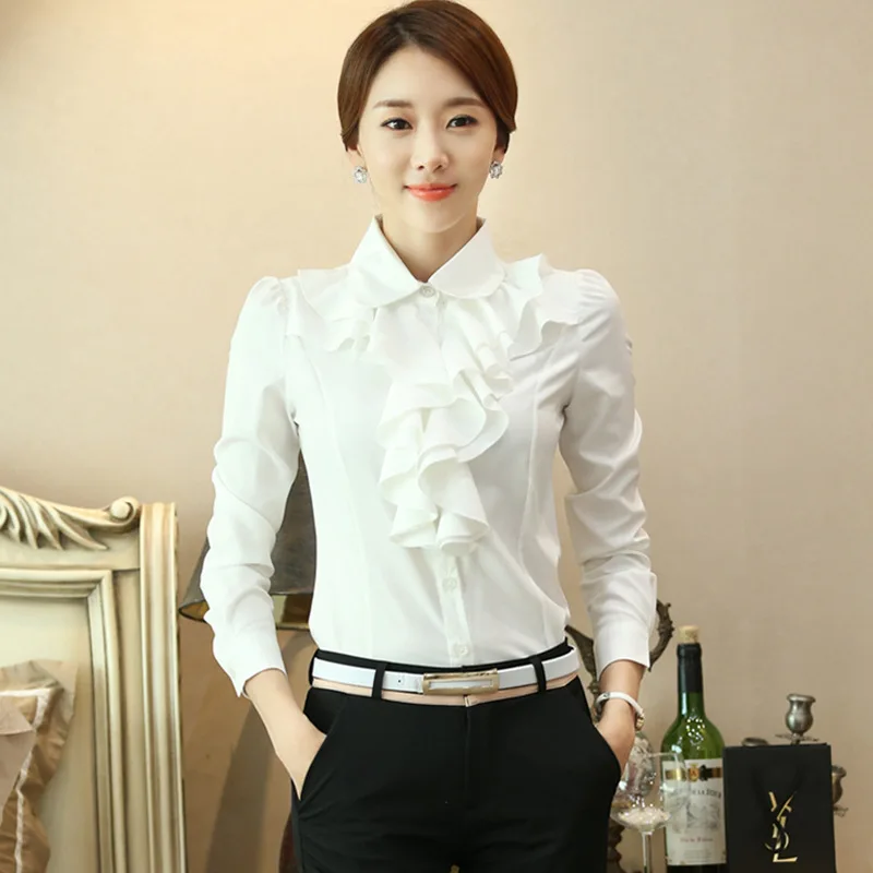 1pcs Woman Four Season Korean Ruffled Shirts Lady Casual Long Sleeve Turn-down Collar Slim Fit Shirt Female Business Attire Tops