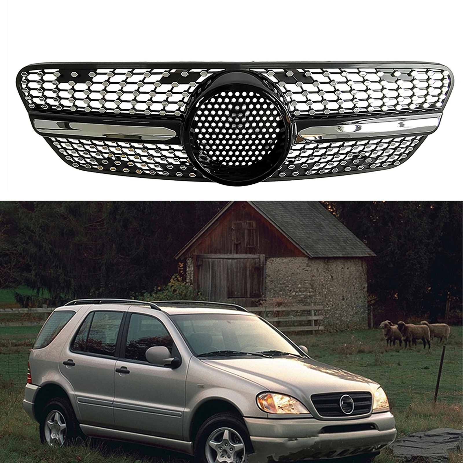 

Front Grille Grill For Mercedes Benz W163 ML Class 1999-2004 ML350 ML500 Black/Silver Car Upper Bumper Hood Mesh W/ Insect Proof