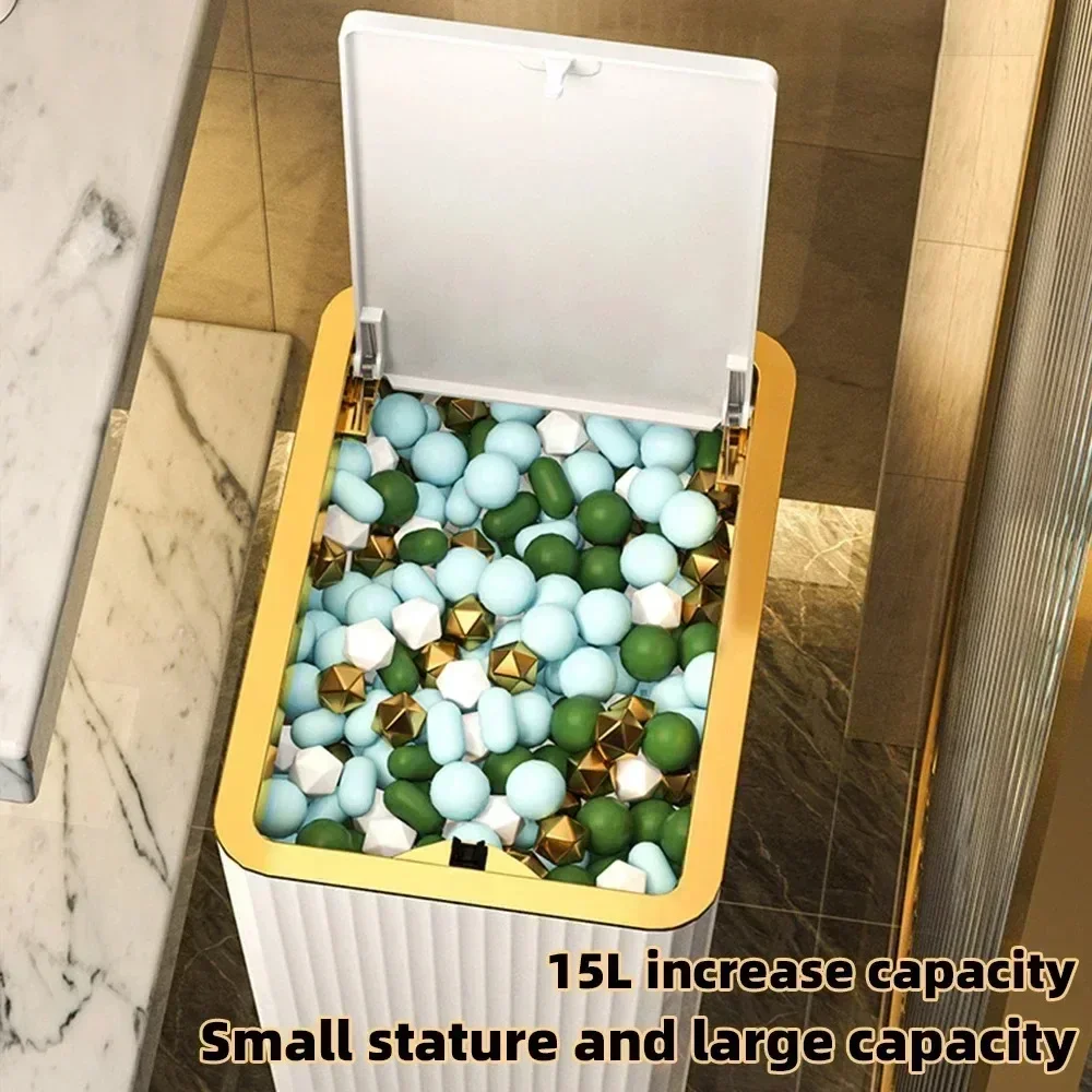 Nordic Gold Bathroom Trash Can Covered Slim Trash Can with One-Touch Lid for Bathroom Toilet Living Room Kitchen Bedroom 15L