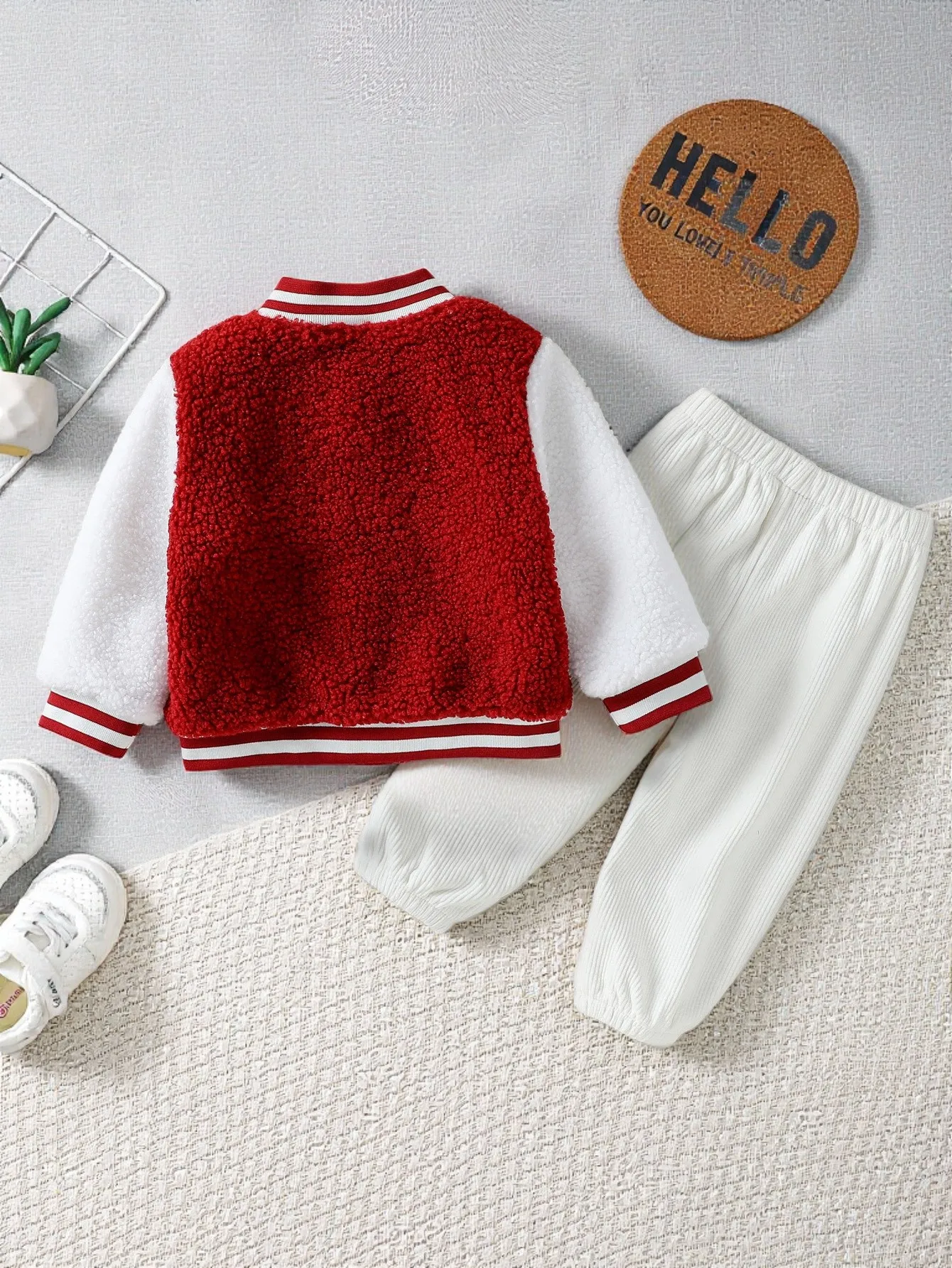 2Pcs 2025 New Baby Girls Clothes Plush Jacket Coat Infant Tops With Letter Winter Warm & Solid Pant Set For 1-3Y Casual Fashion 3