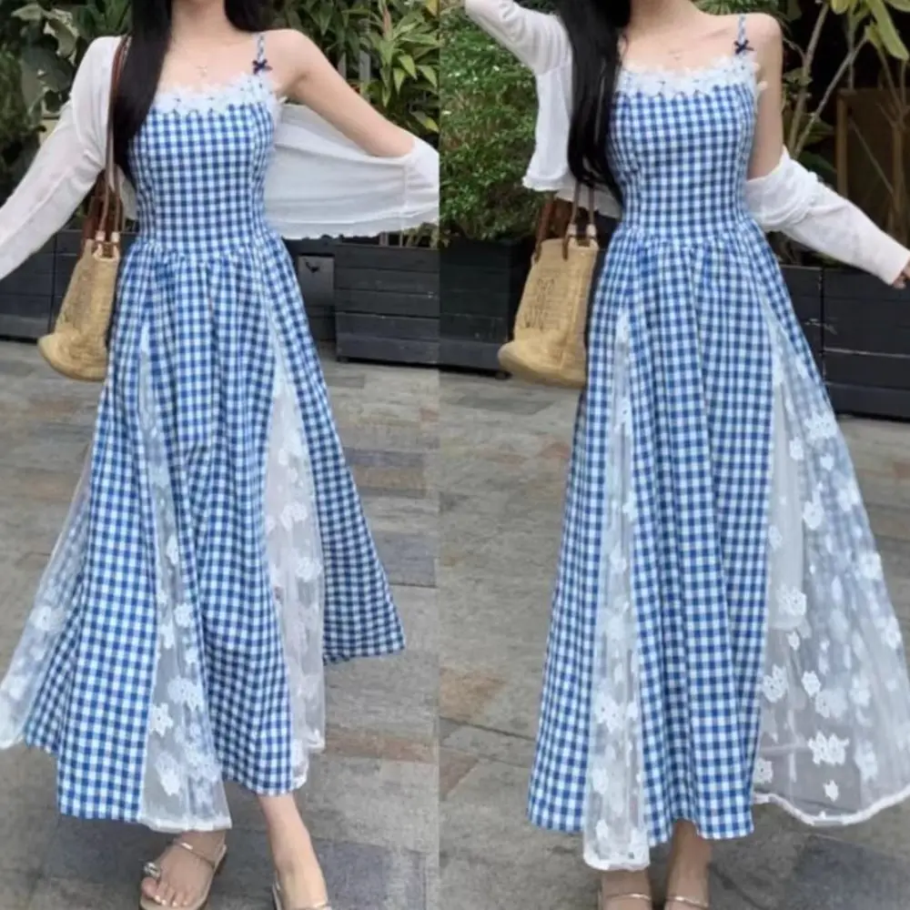 Elegant Plaid Girl Princess Dress Loose Sweet Teens Sling Dress Skirt Lace Mesh Children Sleeveless Dresses