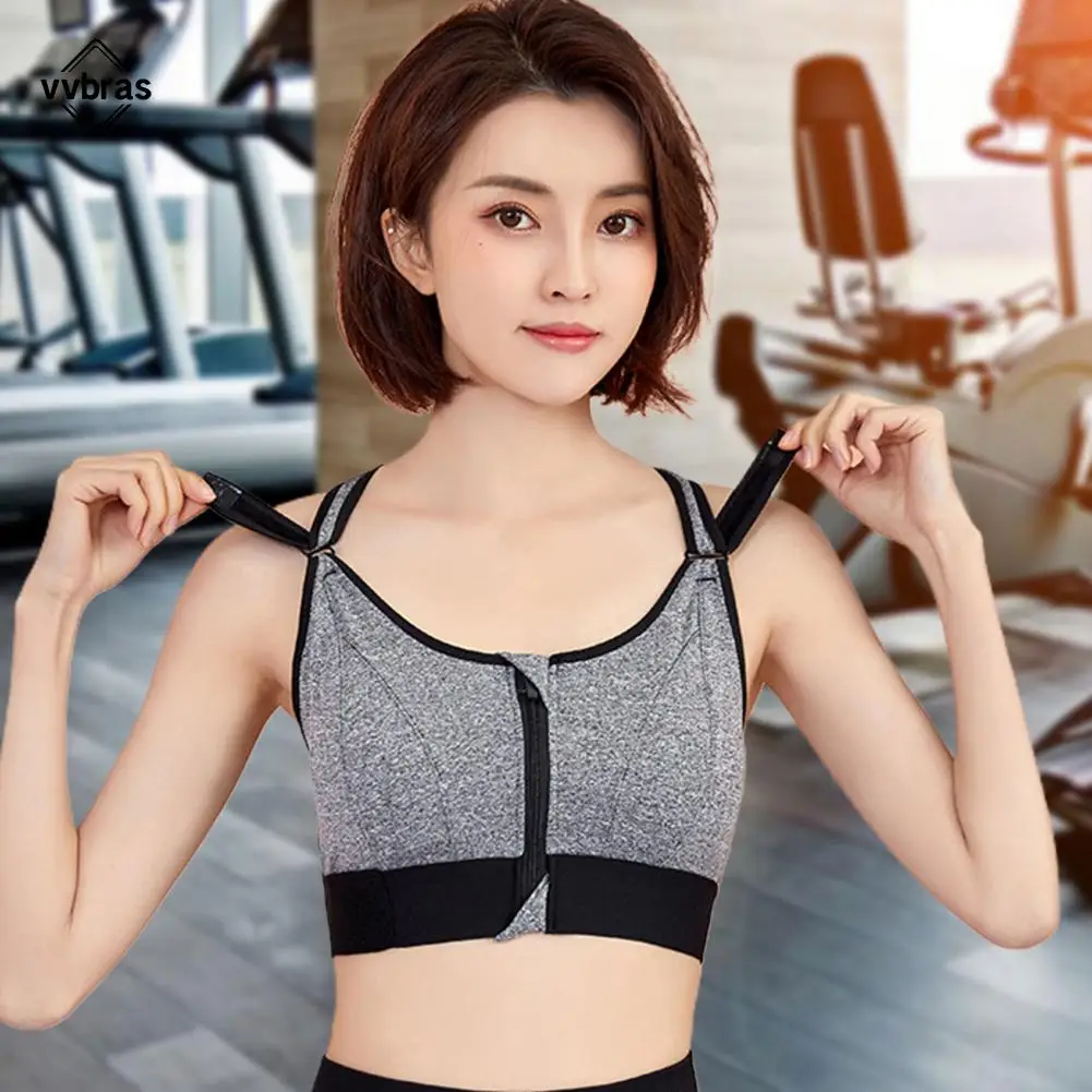 

Women Sports Bra Front Zipper Back Adjustable Yoga Bra Racerback Wide Straps Full Cup Shockproof Elastic Fitness Brassiere