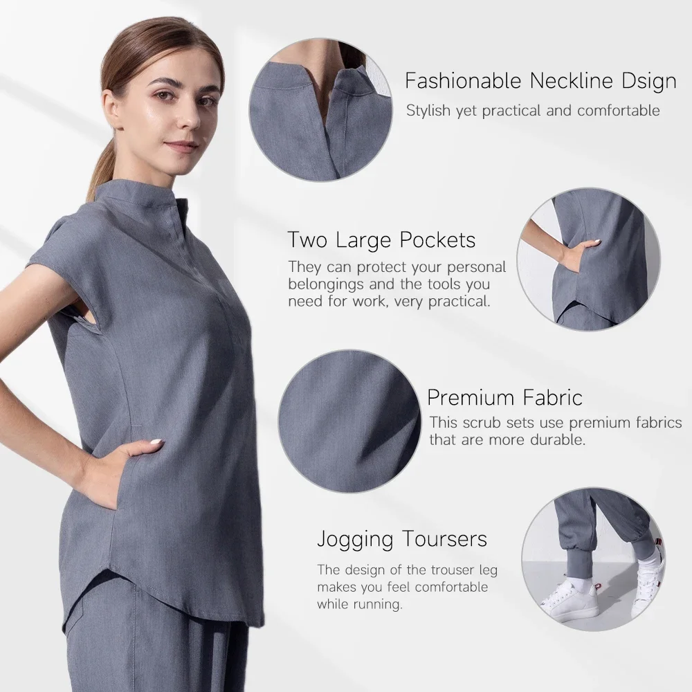 Scrubs Set for Women Pet Hospital Uniform Set Scrub Suits Solid Color Unisex Surgical Gown Pocket V-neck Joggers medical uniform