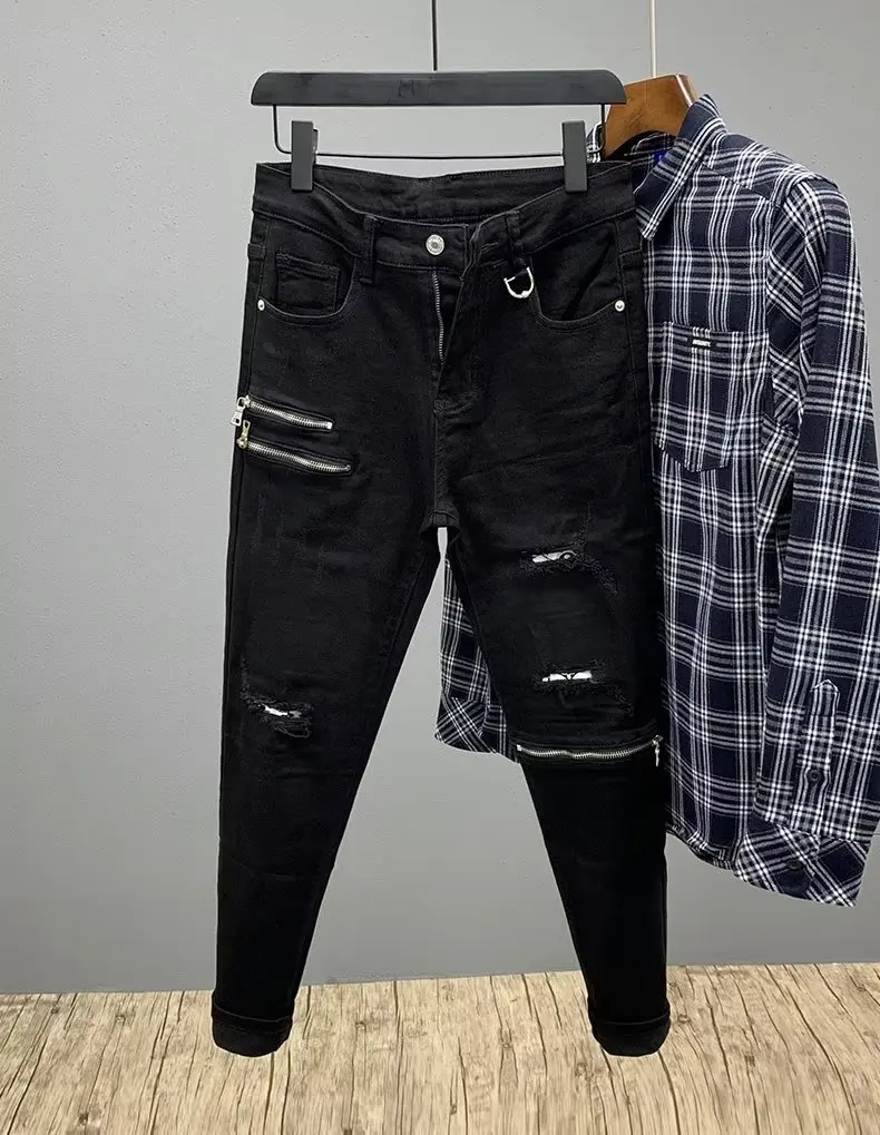 New Black Zipper Men's Fashion Slim Hole Pants Handsome Ripped Skinny Design Straight Trousers