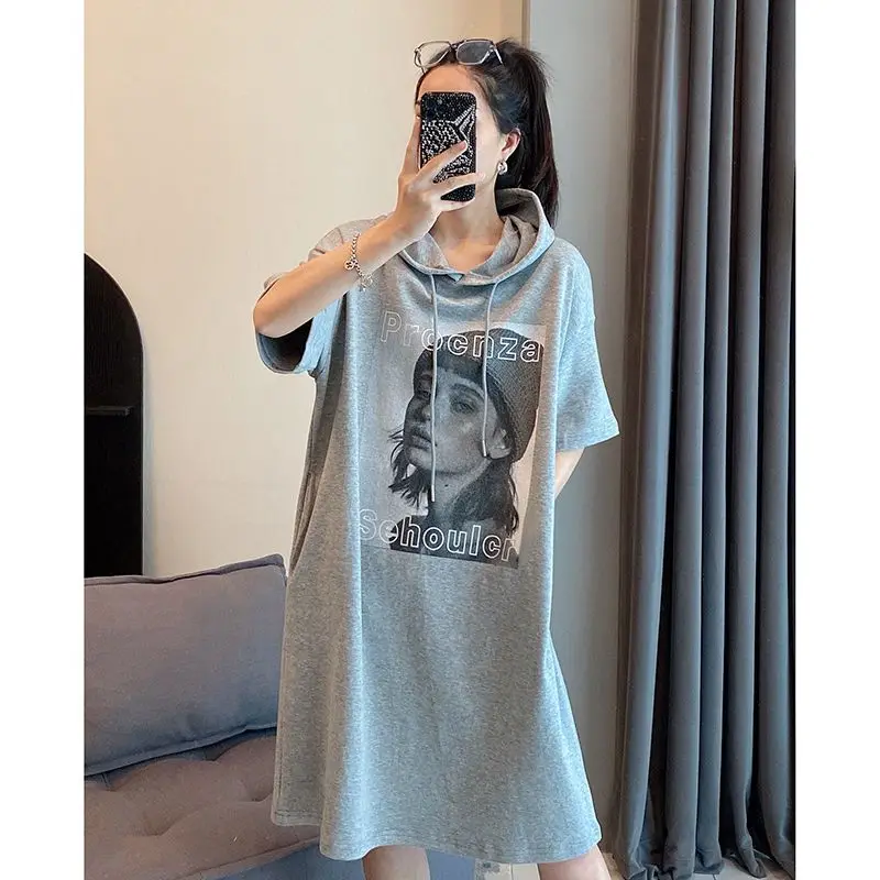 

DAYIFUN Summer Oversized Dresses Female 150KG Printed Short Sleeve Hooded Dress Korean Version Long T-shirts Women Clothing