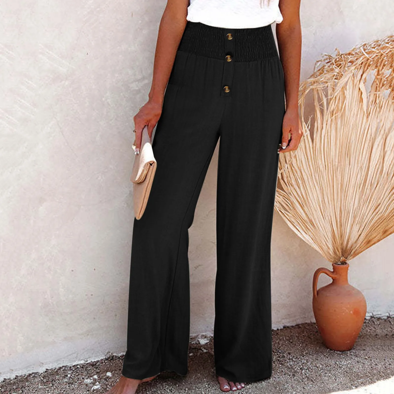 

Elegant Ladies Solid Color Flared Trousers Knot Elastic Loose Casual Wide Leg Trouser High Waist Pants Straight-Leg Pants Summer