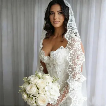 Customized Mantilla Veil with Wide Eyelash Lace, Ivory Chantilly Lace Wedding Veil with Hidden Comb, 2.5m/3m/3.5m/4m Long Veil 1