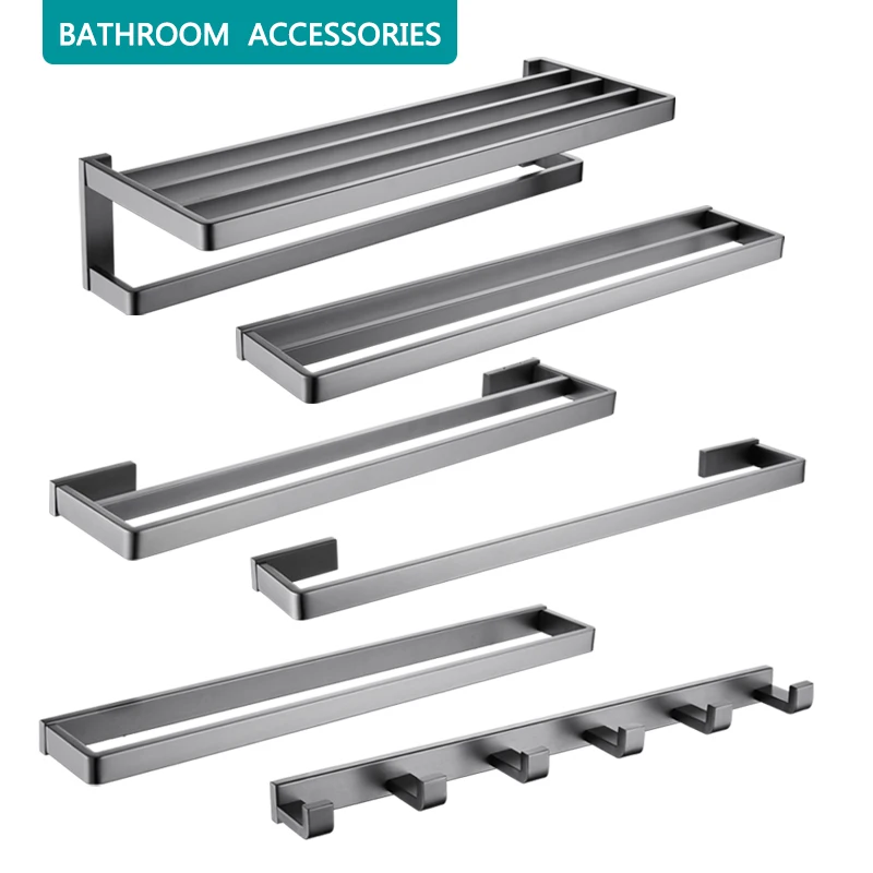

Metal Grey 6Robe Hook All/Half Wrap Double Towel Bar Bathroom Large Shelves SUS 304 Bathroom Accessories
