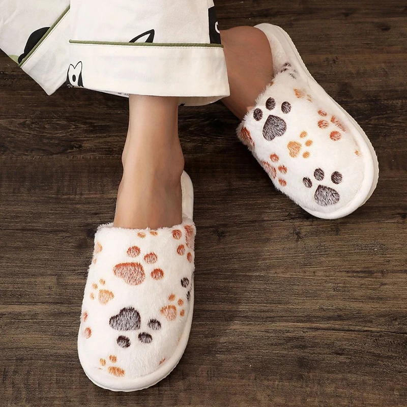Cute Printed Cotton Slippers for Women Fluffy Soft Sole Indoor House Slipppers Woman 2025 Autumn Winter Closed Toe Plush Slides
