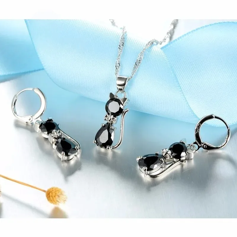 Schöne kleine Katze Design Kubikzircon Anhänger Halskette Ohrringe Set für Frauen 925 Sterling Silber Schmuck Sets Party Schmuck Geschenk – Detail 10