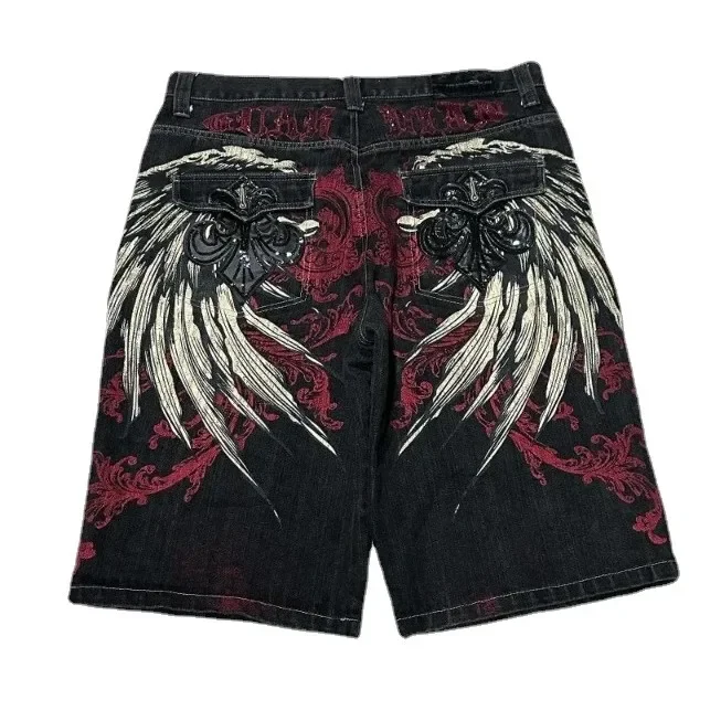 

Y2K Baggy Shorts Mens New Wing Embroidered Denim Shorts Vintage Harajuku Hip Hop Gothic Punk Gothic Wide Leg Pants Street Wear