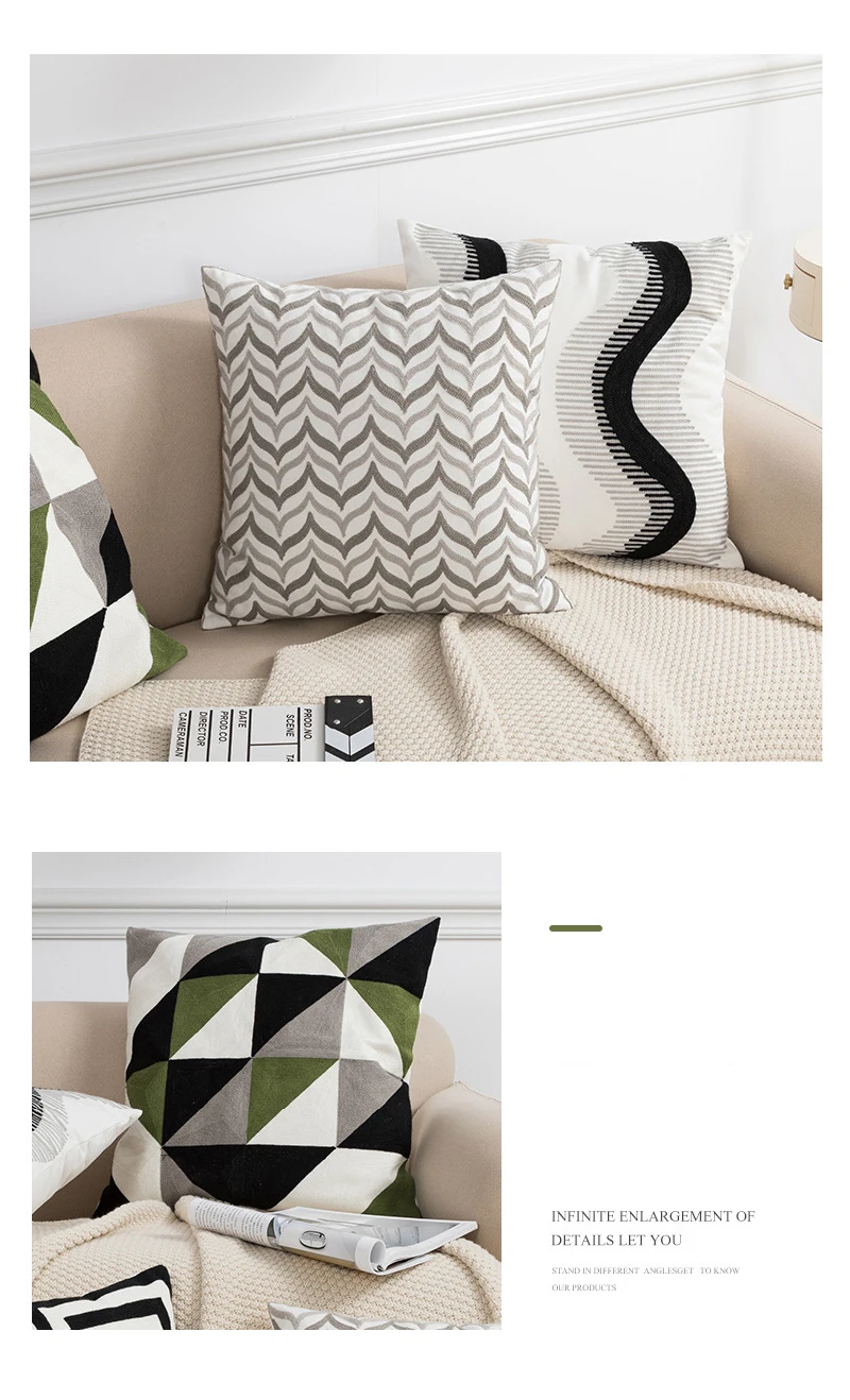 Home Decor Cover Schwarz Grau Kissen 45x45cm Geometrische Stickerei Kissenbezug Weich Gemütlich für Wohnzimmer Schlafzimmer – Detail 8