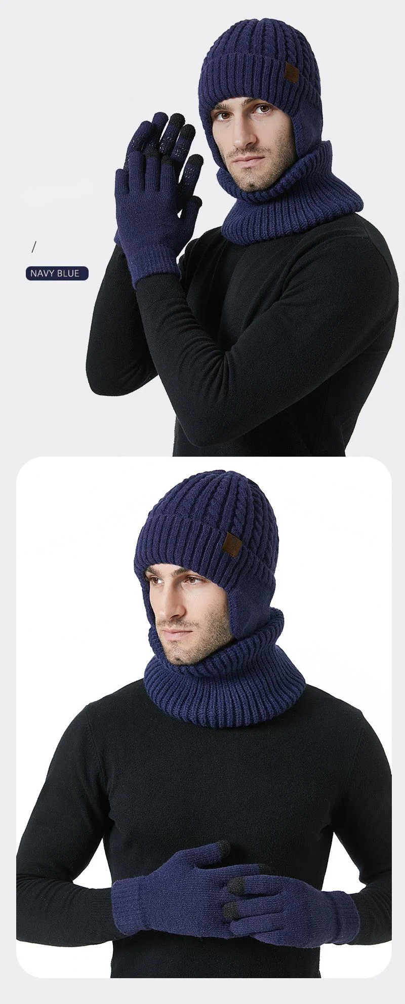 Nouveau bonnet tricoté en velours pour protection des oreilles, écharpe, gants pour écran tactile, combinaison chaude, bonnet en laine chaud d'extérieur pour hommes_voghion.com
