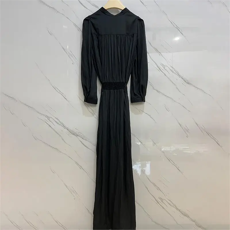 

Zadig Fashion Dresses Woman Chic V-Neck Loosen Butternut Satin Long Robes Female Navy Blue Classic Pleated Satin Casual Dresses