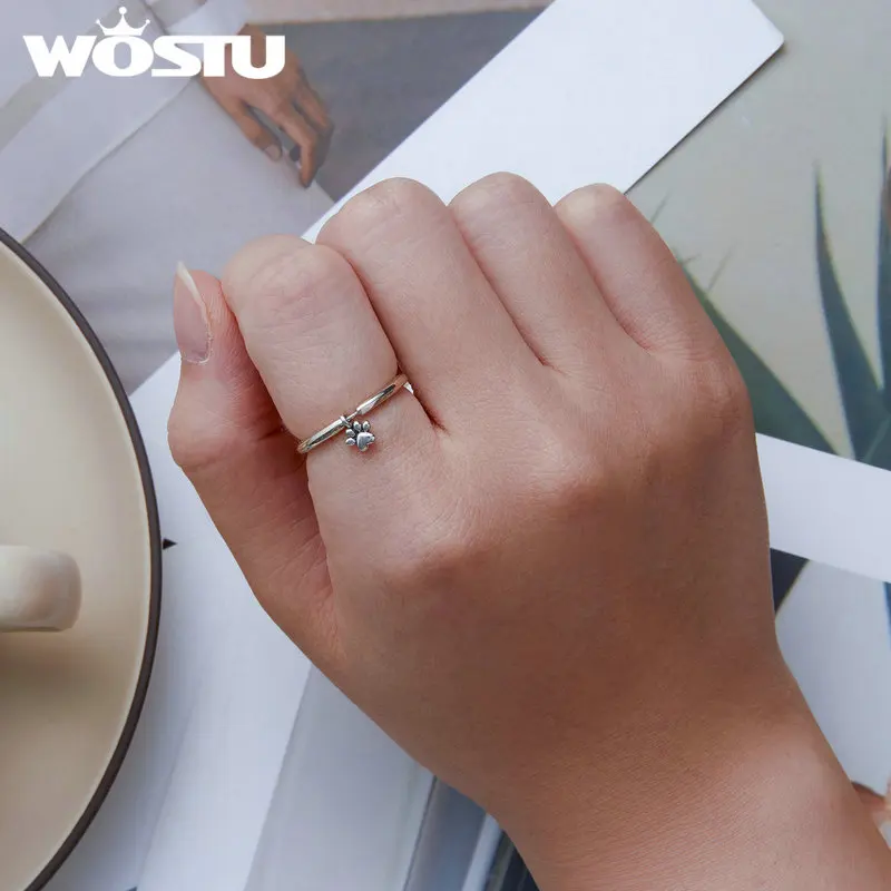 WOSTU Real 925 Sterling Silver Lovely Cat Pet Claw Link Rings For Women Cute Animal Ring Girl Birthday Jewlery Dog Lover Gift silver rings silver ring