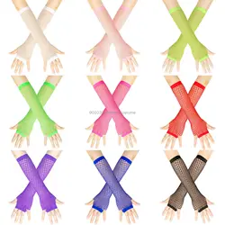 1Pair Neon Fishnet Fingerless Long Gloves Leg Arm Cuff Party Wear Dress For Womens Sexy Girls Punk Goth Dance Mesh Gloves Warmer