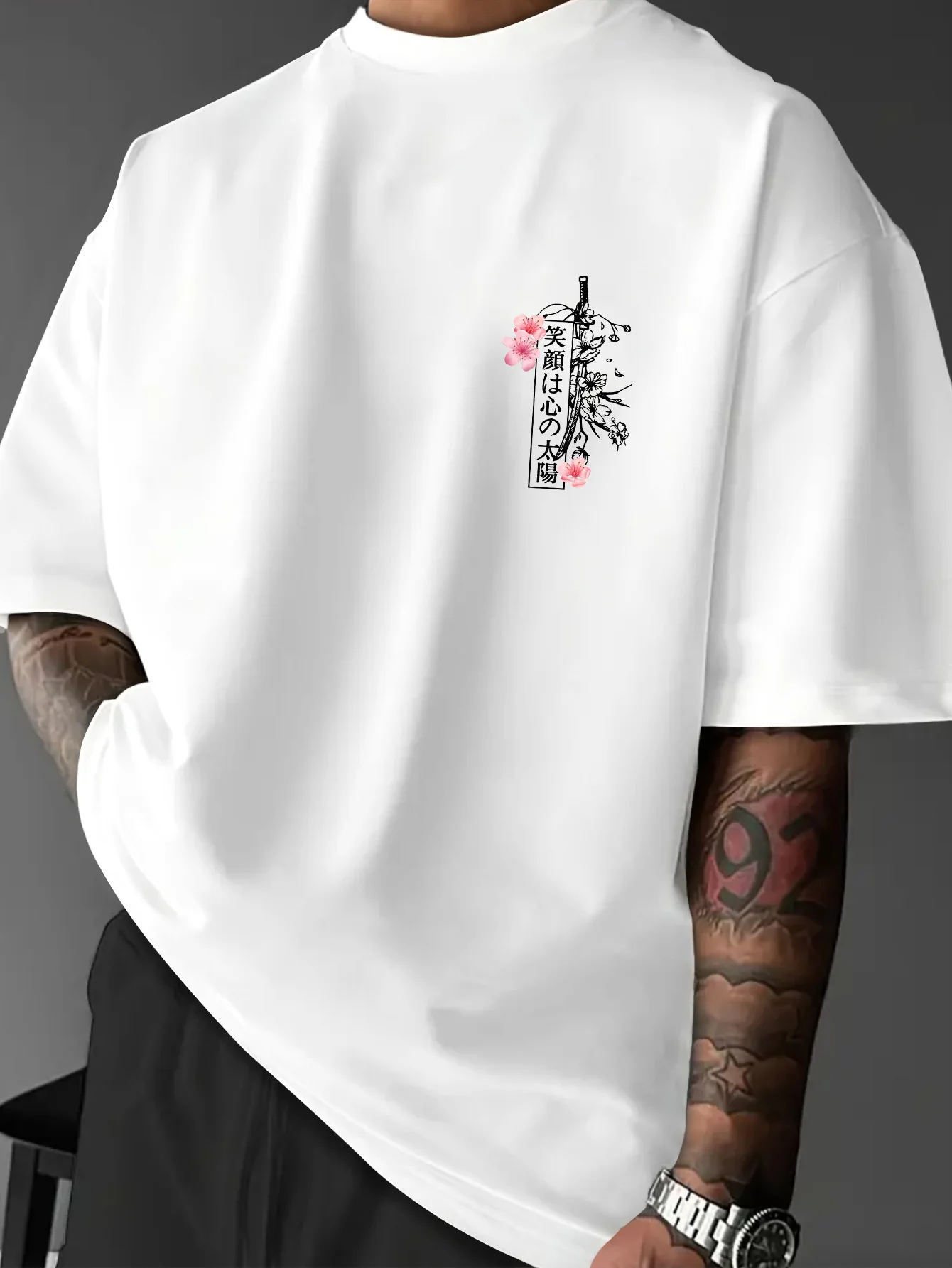 Sommer-T-Shirt mit doppeltem goldenen Karpfen-Bushido-Print für Herren, Rundhalsausschnitt, japanischer cooler Kultur-Stil, kurzärmelig, lässige Alltagskleidung – Detail 2