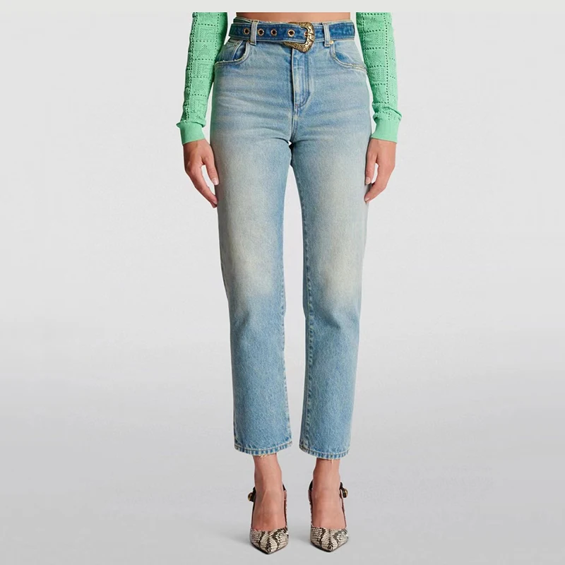 

2023 new autumn and winter belt embroidery jeans fashionable versatile women's nine-minute trousers high quality Korean trousers