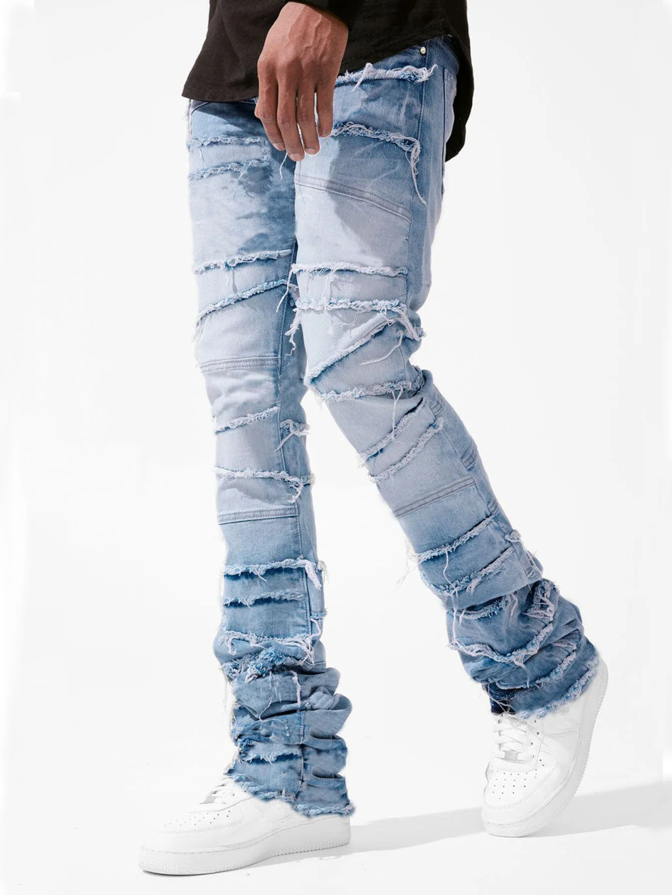 Stacked Jeans Men Patchworks Spliced Denim Ripped Wash Frayed Pants Streetwear men jeans ripped jeans ripped patchwork jeans