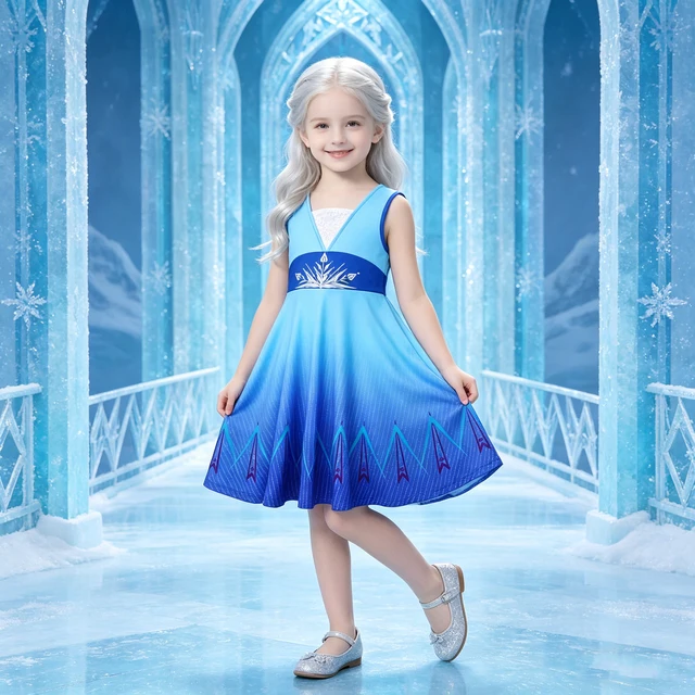 Robe Elsa pour fille, ourlet dégradé, imprimé glace et neige, robe de princesse, costume de cosplay Princesse des Neiges, robe de fête de carnaval 1