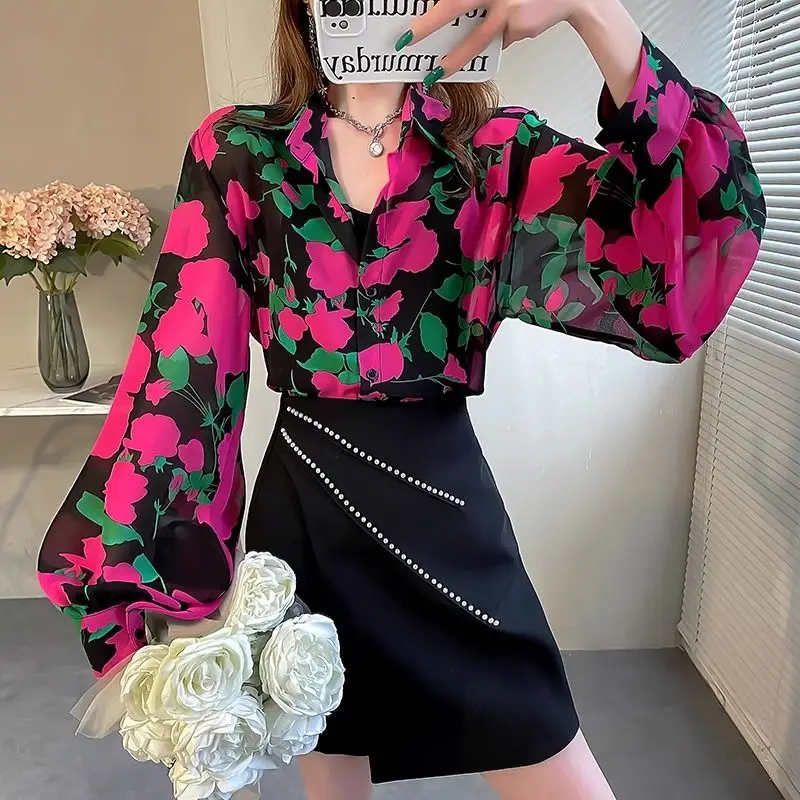 Elegant Fashion Harajuku Slim Fit Female Clothes Loose Casual All Match Tops Women Printed Button POLO Collar Long Sleeve Blusa