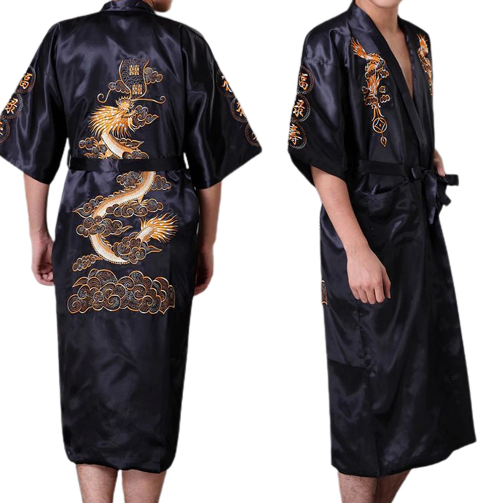 

Fashion Satin Silk Chinese Dragon Embroidery Robe Kimono Bathrobe Pajamas Sleepwear Gown Bath Robes Pijama Clothing For Men