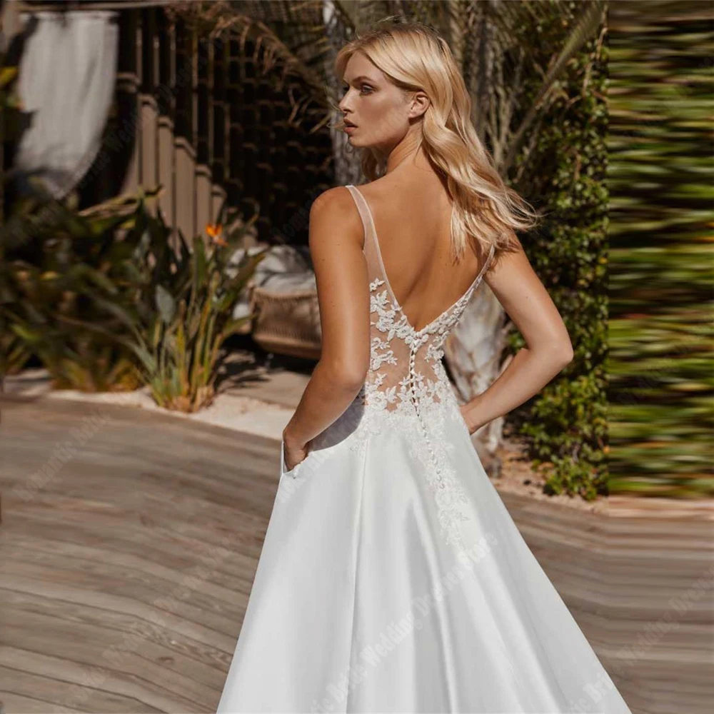 Elegant Women's Satin Wedding Dresses Gorgeous Fluffy Skirt Hem A-Line Princess Bridal Gowns Beach Vestidos De Novias Customized 4
