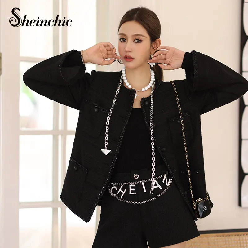 

Luxury Sequined Jackets for Women 2022 Brand Designer Winter Clothes Korean Fashion Streetwear Elegant Black Wool Coat Mujer