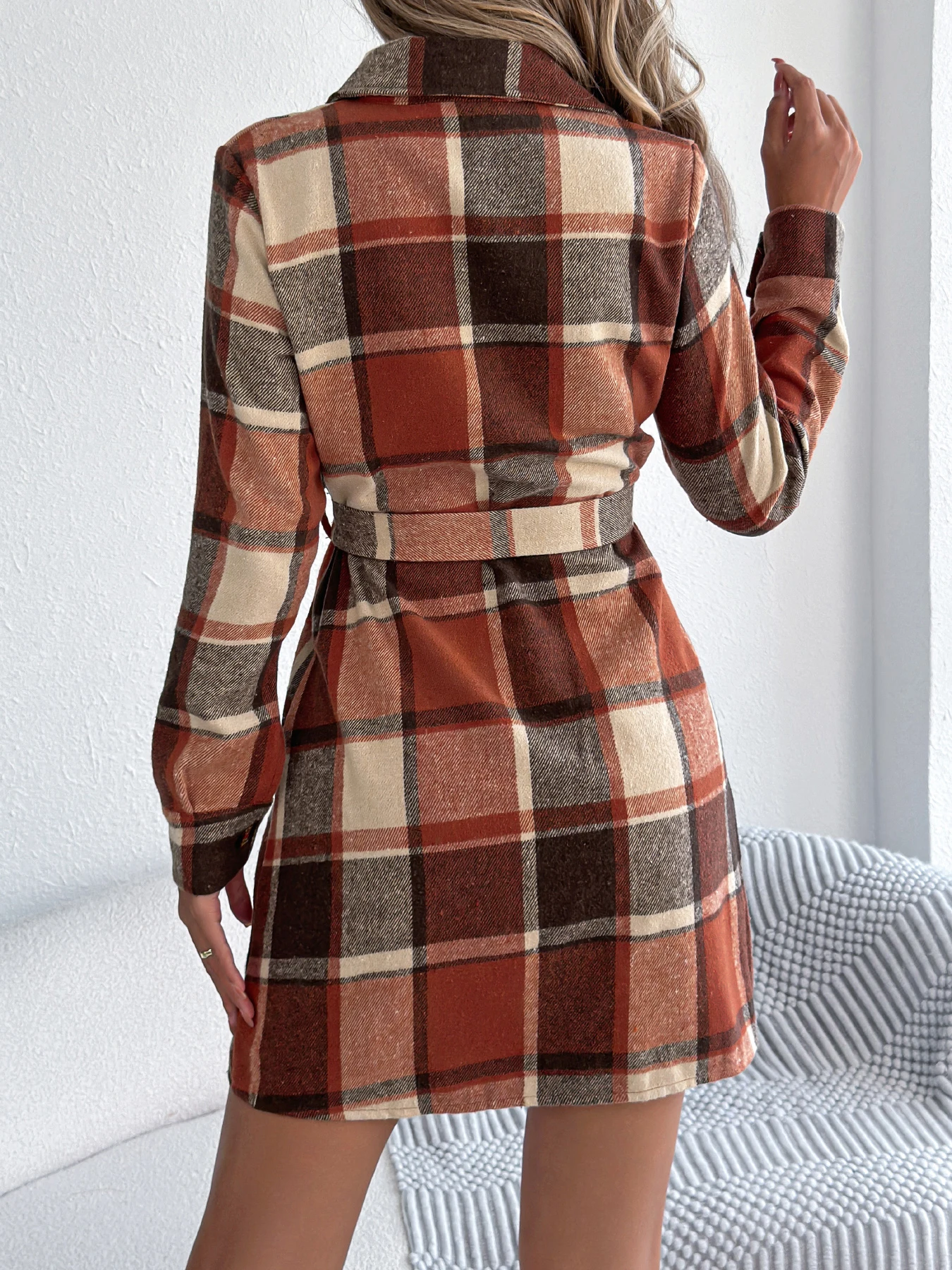 Orange Plaid Women Casual Dress with Belt